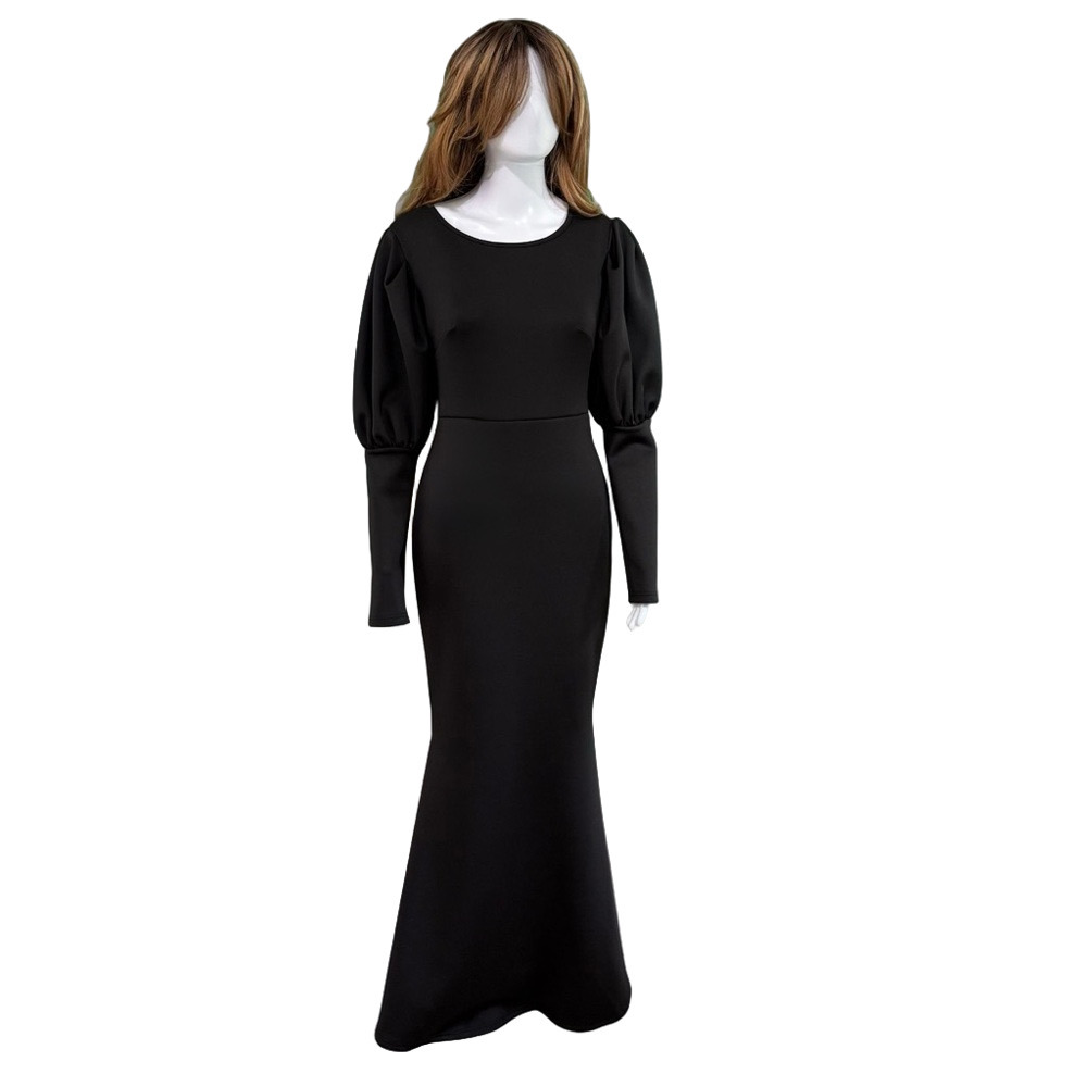 Women's Elegant Long Puff Sleeve Crew Neck Evening Dress